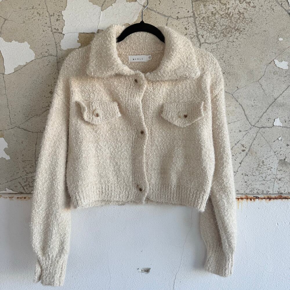 Mable Sweater Jacket Boucle Knit‎ Cropped Fuzzy Teddy Knit Womens S Minimalist